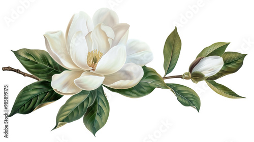 Magnolia flower with Leaves isolated on transparent background, png