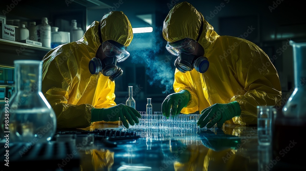 laboratory drugs chemical composition man in protective suit respirator laboratory drugs chemical composition man in protective suit respirator