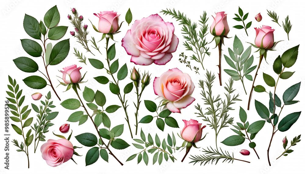 pink flowers roses leaves rbs botanical watercolor collection collection botanic watercolor rose pink herb twig flower leaf kidney nature plant wild design decorative classical isolated white