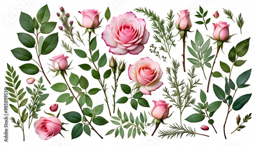 Obraz na płótnie pink flowers roses leaves rbs botanical watercolor collection collection botanic watercolor rose pink herb twig flower leaf kidney nature plant wild design decorative classical isolated white w salonie
