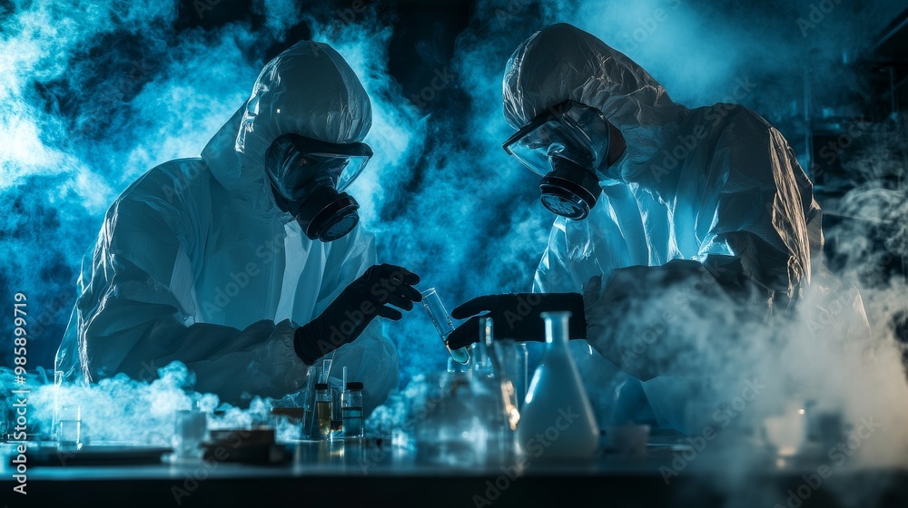 Fototapeta premium laboratory drugs chemical composition man in protective suit respirator