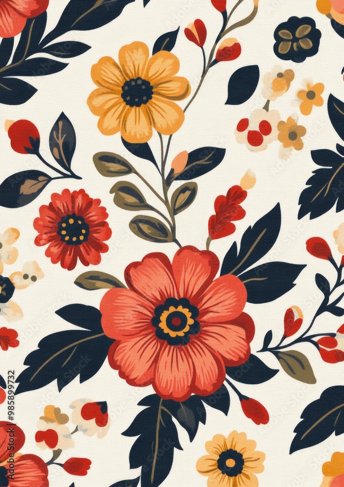 A vibrant floral pattern featuring red, yellow, and navy flowers against a creamy background, perfect for textiles or wall art. A vibrant floral pattern featuring red, yellow, and navy flowers against a creamy background, perfect for textiles or wall art.