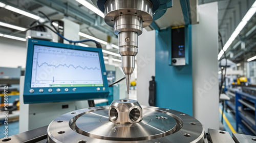 High-precision coordinate measuring machine with stylus probe inspecting intricate mechanical part with high accuracy in a bright photo