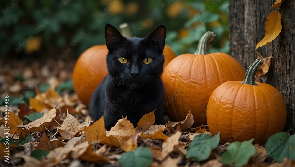 Black cat beside two Jack-o'-Lanterns in a pile of leaves.