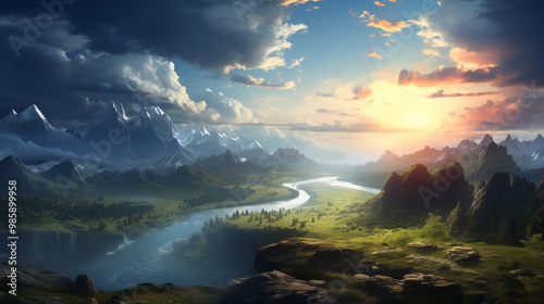 Stunning Mountain Wallpaper with River, Trees, Clouds & Sun - Breathtaking Natural Scenery for Desktop & Mobile