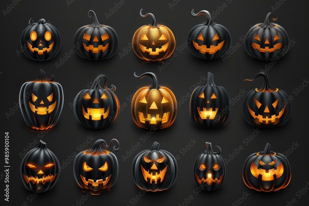 A collection of jack-o-lanterns with eerie glow, perfect for Halloween decorations or autumn themes A collection of jack-o-lanterns with eerie glow, perfect for Halloween decorations or autumn themes
