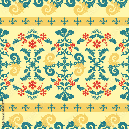 Victorian Colorful Art  Seamless Pattern Vector with Floral Garden Botany Style