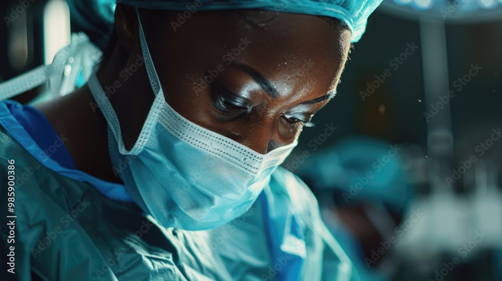A close-up of a person wearing a surgical mask, suitable for use in medical or health-related contexts A close-up of a person wearing a surgical mask, suitable for use in medical or health-related contexts