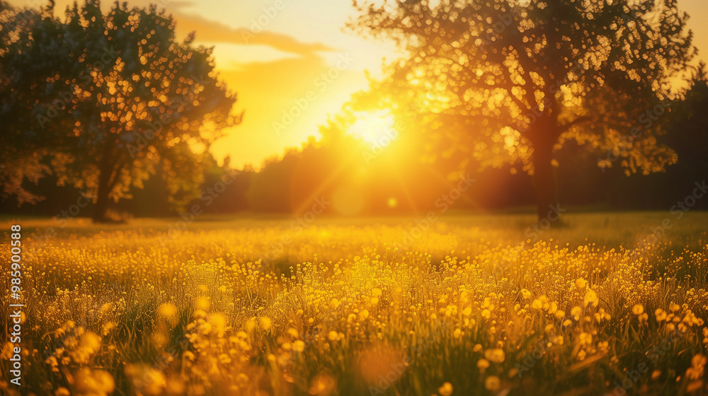 Golden sunset illuminating a vibrant meadow filled with wildflowers in a serene landscape during late afternoon