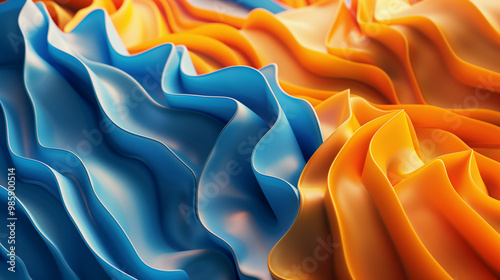 Colorful fabric waves in blue and orange create an artistic pattern with soft folds and curves, showcasing texture and vibrant hues photo