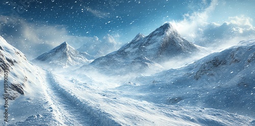 Snowy mountain peaks and a valley with a snow-covered path under a blue sky and swirling snow.