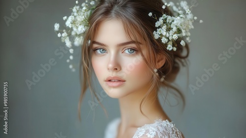 ethereal bridal portrait hairstylist arranging delicate white flowers in brides elegant updo soft focus dreamy atmosphere captured moment of prewedding preparation photo