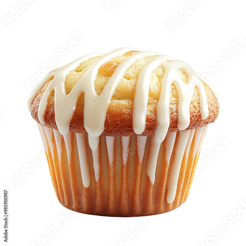 Delicious muffin with icing glaze, white background