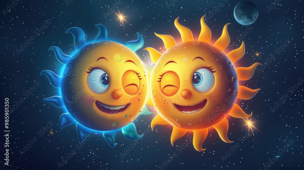 Two smiling sun faces shining bright in the dark night sky Two smiling sun faces shining bright in the dark night sky