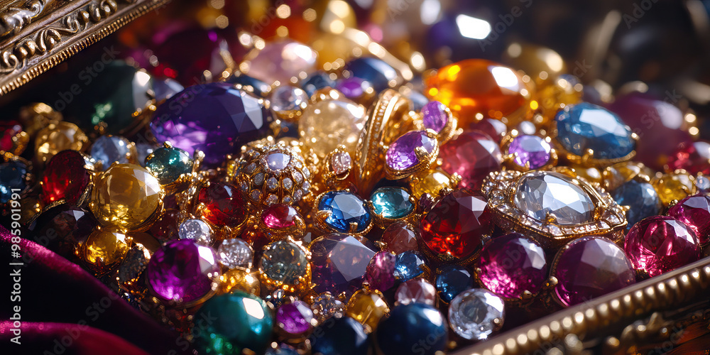 Glimmer of Stolen Riches: A jewelry box spilling over with precious gemstones, resting on a velvet cloth. Glimmer of Stolen Riches: A jewelry box spilling over with precious gemstones, resting on a velvet cloth.