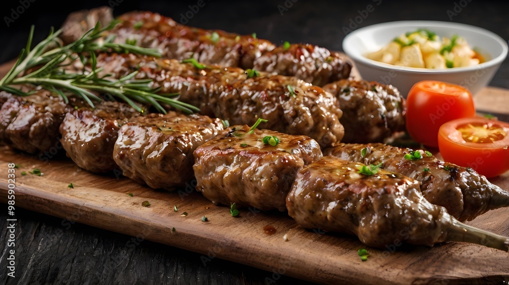Close up Cevapcici Food Kebabs meat skewers with rice Close up Cevapcici Food Kebabs meat skewers with rice