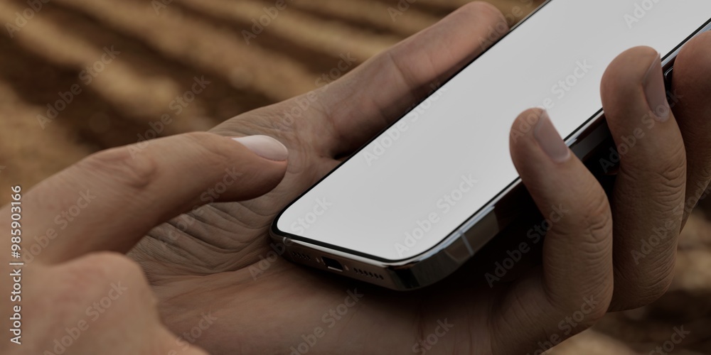 Caucasian White male using smartphone with a blank white screen. Field, agriculture, farming apps mockup. Vertical phone orientation Caucasian White male using smartphone with a blank white screen. Field, agriculture, farming apps mockup. Vertical phone orientation
