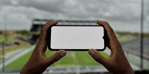 Black African-American male using smartphone with a blank white screen. Stadium, sports, football apps mockup. Horizontal phone orientation photo