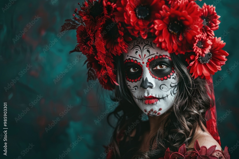A woman with vibrant red and black sugar skull makeup A woman with vibrant red and black sugar skull makeup