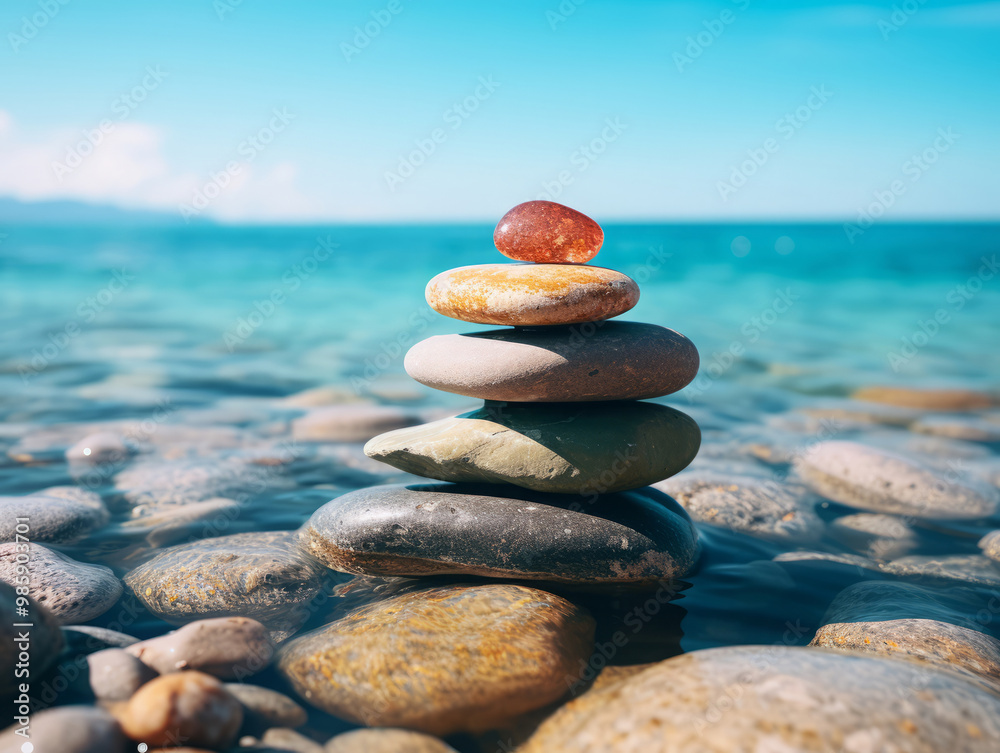 Awesome Zen stones balanced on the beach Sunrise light Meditation and relaxation Awesome Zen stones balanced on the beach Sunrise light Meditation and relaxation
