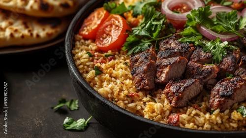 A beautiful and attractive advertising poster for the restaurant's website, showing rice with meat and thin bread and a beautifully sliced ​​tomato and onion salad on the side of the dish.