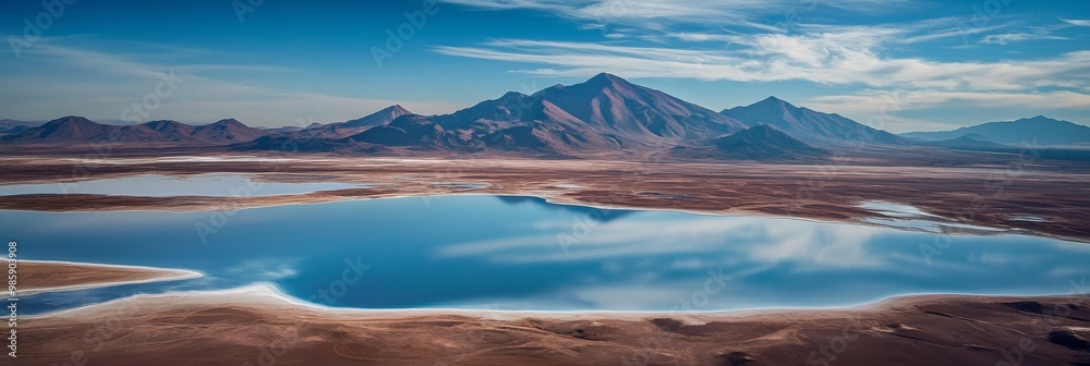 Fototapeta premium Aerial view of a salt flat and mountain range in Northern Argentina, showcasing the beauty of nature and the unique landscape of this region. The photo features a vast, blue sky, clear water, rugged m