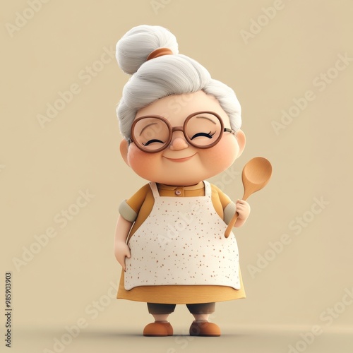 A cute chubby granny character stands upright in a quirky board game style. She smiles friendly and wears an apron over a cute dress, holding a wooden spoon or mixing bowl.