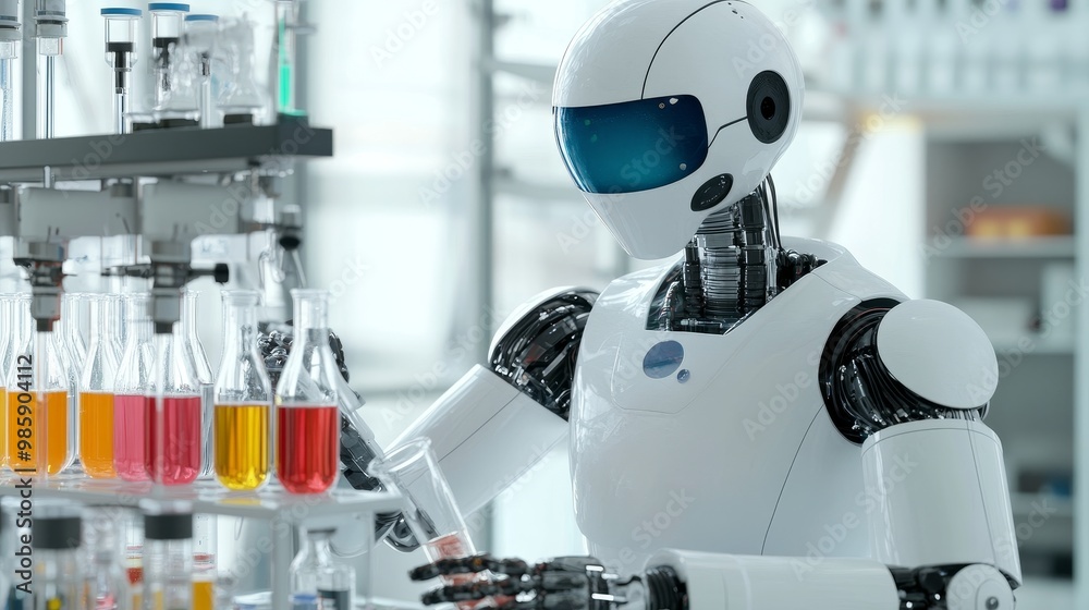 An advanced humanoid robot performs a chemistry experiment in a laboratory setting, showcasing the potential for automation in scientific research. The robot is carefully handling beakers filled with An advanced humanoid robot performs a chemistry experiment in a laboratory setting, showcasing the potential for automation in scientific research. The robot is carefully handling beakers filled with