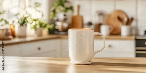 A pristine white mug on a wooden table, surrounded by a cozy kitchen filled with greenery and soft natural light.