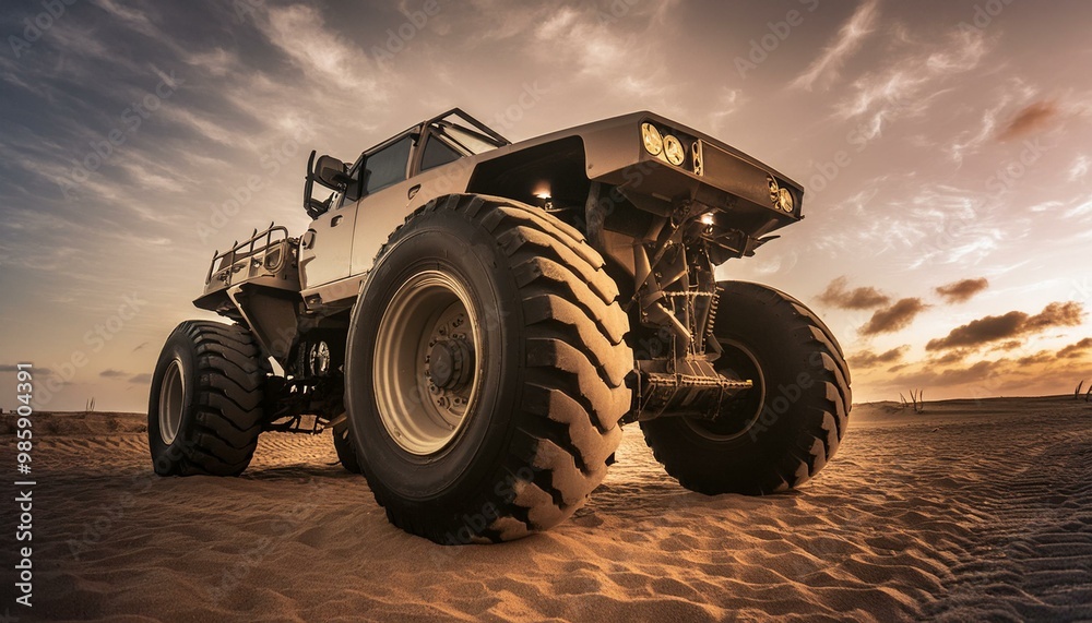 Futuristic cyberpunk heavy duty offroad car in desert with big wheels Futuristic cyberpunk heavy duty offroad car in desert with big wheels
