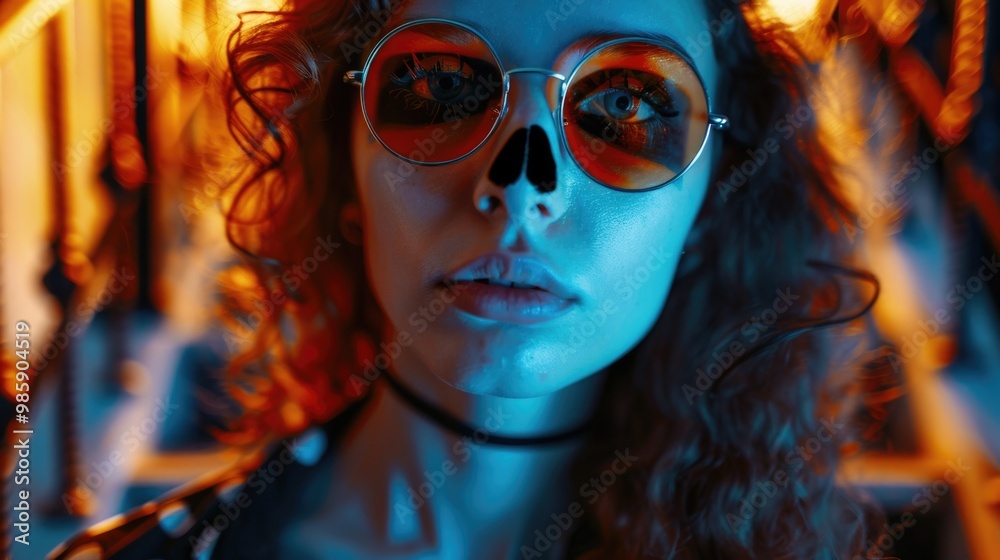 Obraz premium A woman with bright red hair and sunglasses poses confidently, great for editorial or advertising use