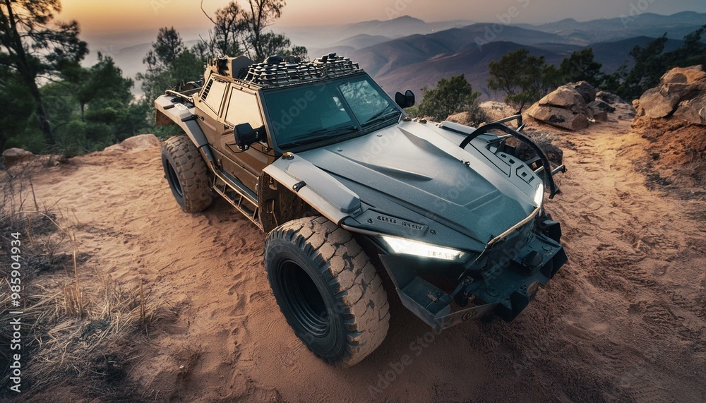 Futuristic cyberpunk heavy duty offroad car in desert with big wheels Futuristic cyberpunk heavy duty offroad car in desert with big wheels