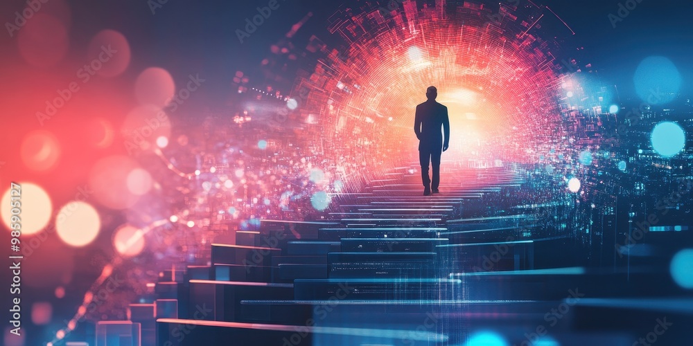 A silhouette of a figure walking towards a vibrant, abstract portal filled with colorful lights and patterns, symbolizing exploration. A silhouette of a figure walking towards a vibrant, abstract portal filled with colorful lights and patterns, symbolizing exploration.