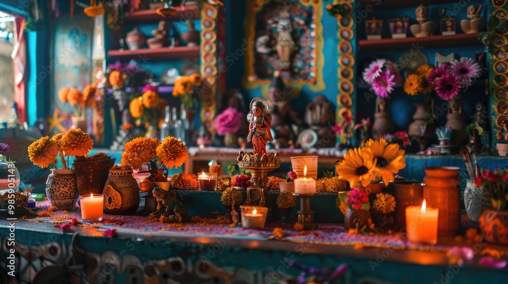 A cozy room filled with many flowers and lit candles A cozy room filled with many flowers and lit candles