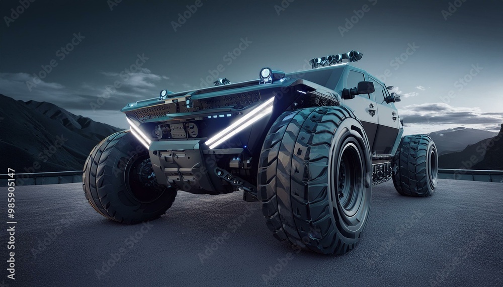 Futuristic cyberpunk heavy duty offroad car in desert with big wheels
