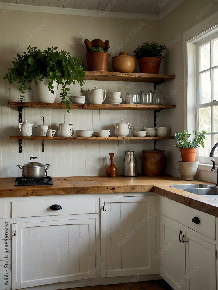 Bright kitchen with rustic accents, white cabinets, and greenery Bright kitchen with rustic accents, white cabinets, and greenery