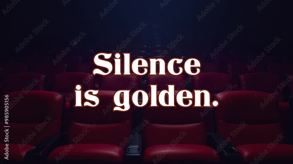 A cute text message appearing and dissolving like fog, over a front shot of red leather chairs in a cinema: silence is golden. Blue lighting above, floating dust particles.
