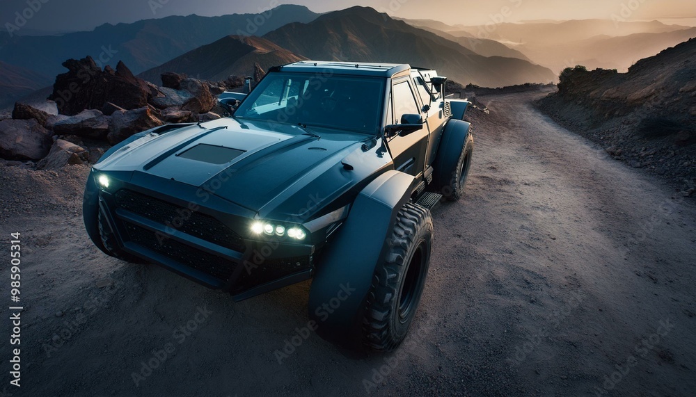 Naklejka premium Futuristic cyberpunk heavy duty offroad car in desert with big wheels