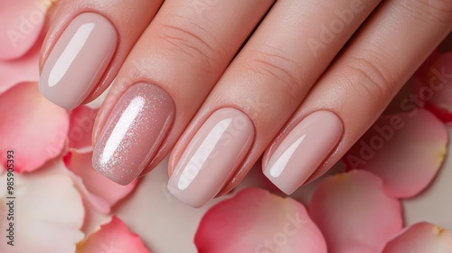 Almond nails painted in a shimmering, holographic polish lying on a bed of delicate rose petals, set against a bright, dreamy background, creating a magical, ethereal effect