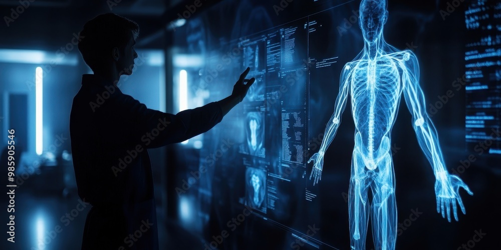 Fototapeta premium A user interacts with a digital interface displaying a 3D human anatomy model, showcasing technology in healthcare.