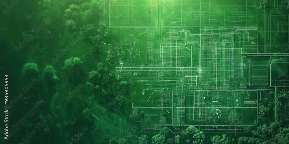 Fototapeta premium Aerial view of a green landscape with abstract grid patterns, symbolizing technology and nature in harmony.