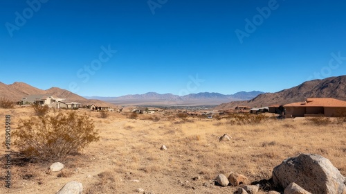 Breathtaking panoramic view of the Palmdale, California desert landscape, showcasing rolling hills, sparse vegetation, and a clear blue sky. This image embodies the beauty of the desert, with its wide