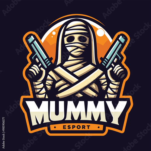 illustration of a mummy holding two pistols hand gun esport halloween horror flat design logo