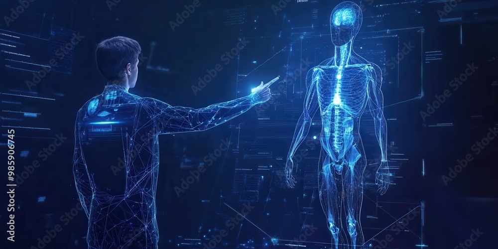 Futuristic technology concept illustrating human interaction with a holographic body representation in a digital environment. Futuristic technology concept illustrating human interaction with a holographic body representation in a digital environment.