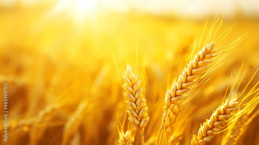 Close-up of ripe yellow wheat grain in a field, bathed in the warm glow of the setting sun, symbolizing abundance, harvest, nature, food, and growth. Close-up of ripe yellow wheat grain in a field, bathed in the warm glow of the setting sun, symbolizing abundance, harvest, nature, food, and growth.