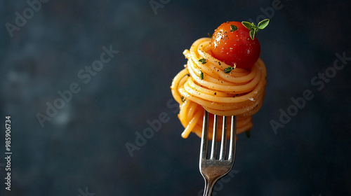 Spaghetti on a fork. Pasta with fresh tomatoes and herbs