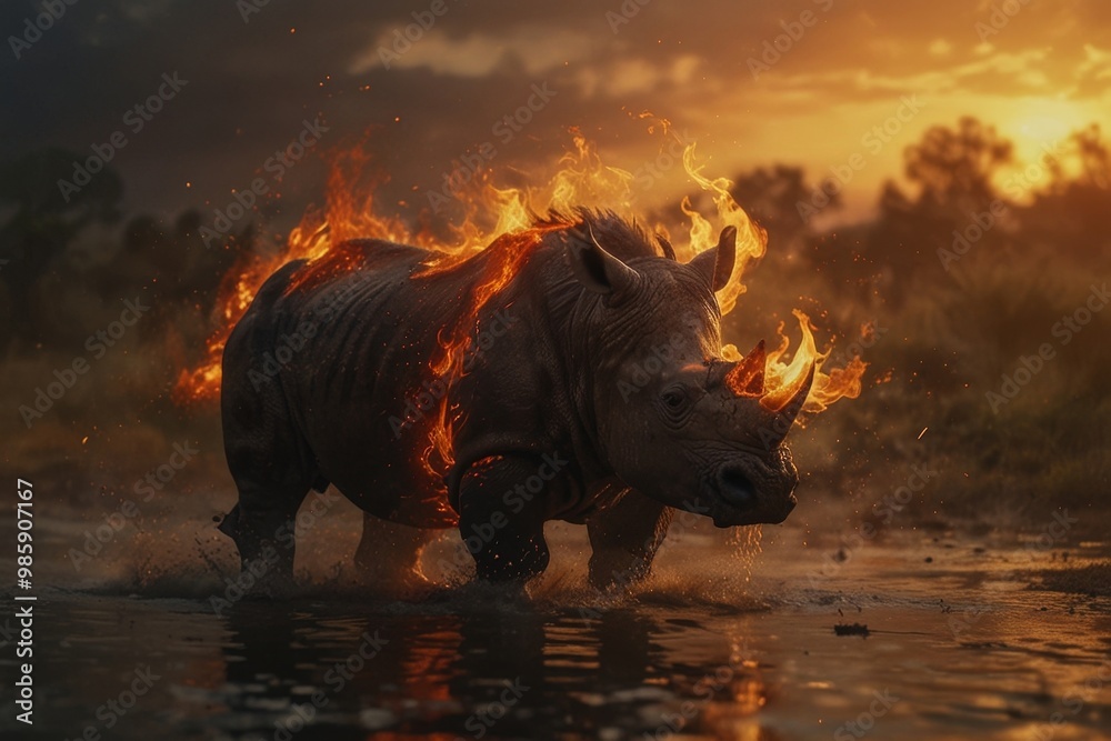 Fototapeta premium Rhinoceros running in front of burning forest, effects of global warming
