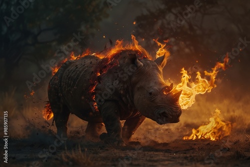 Rhinoceros  running in front of burning forest, effects of global warming, climate change