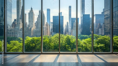A view of the city from inside an office building, the New York skyline visible through glass windows. Trees can be seen outside, with towering skyscrapers in the distance. 
