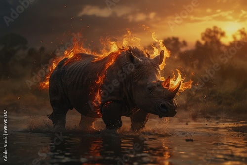 Rhinoceros  running in front of burning forest, effects of global warming